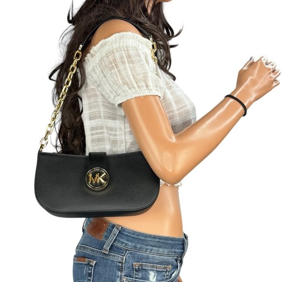 Michael Kors Carmen Small Pouchette Shoulder Chain Bag Black/Gold Toned Hardware - Picture 1 of 14